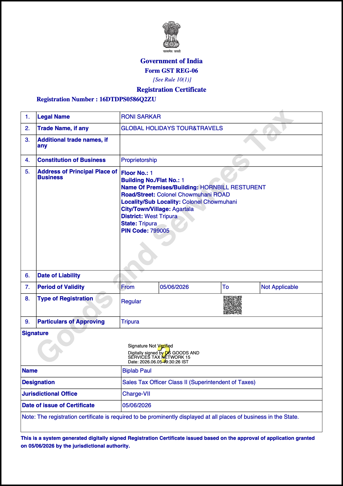 GST Registration Certificate - Global Holidays