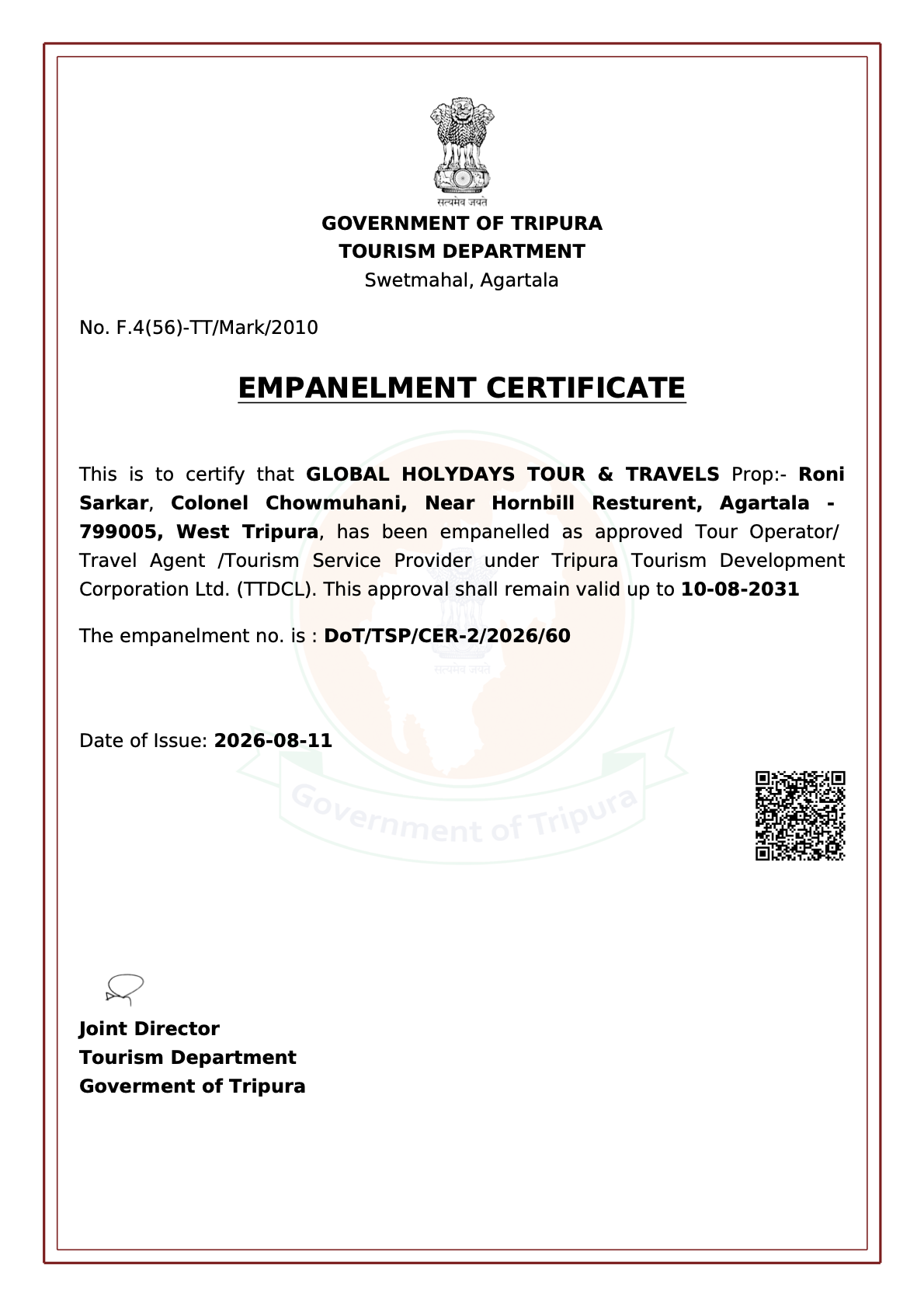 Tripura Tourism Empanelment Certificate - Global Holidays